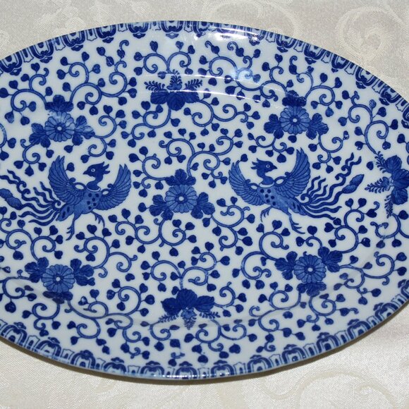 Blue and White Morimura Bros Platter | Vintage Flying Phoenix - Picture 4 of 12